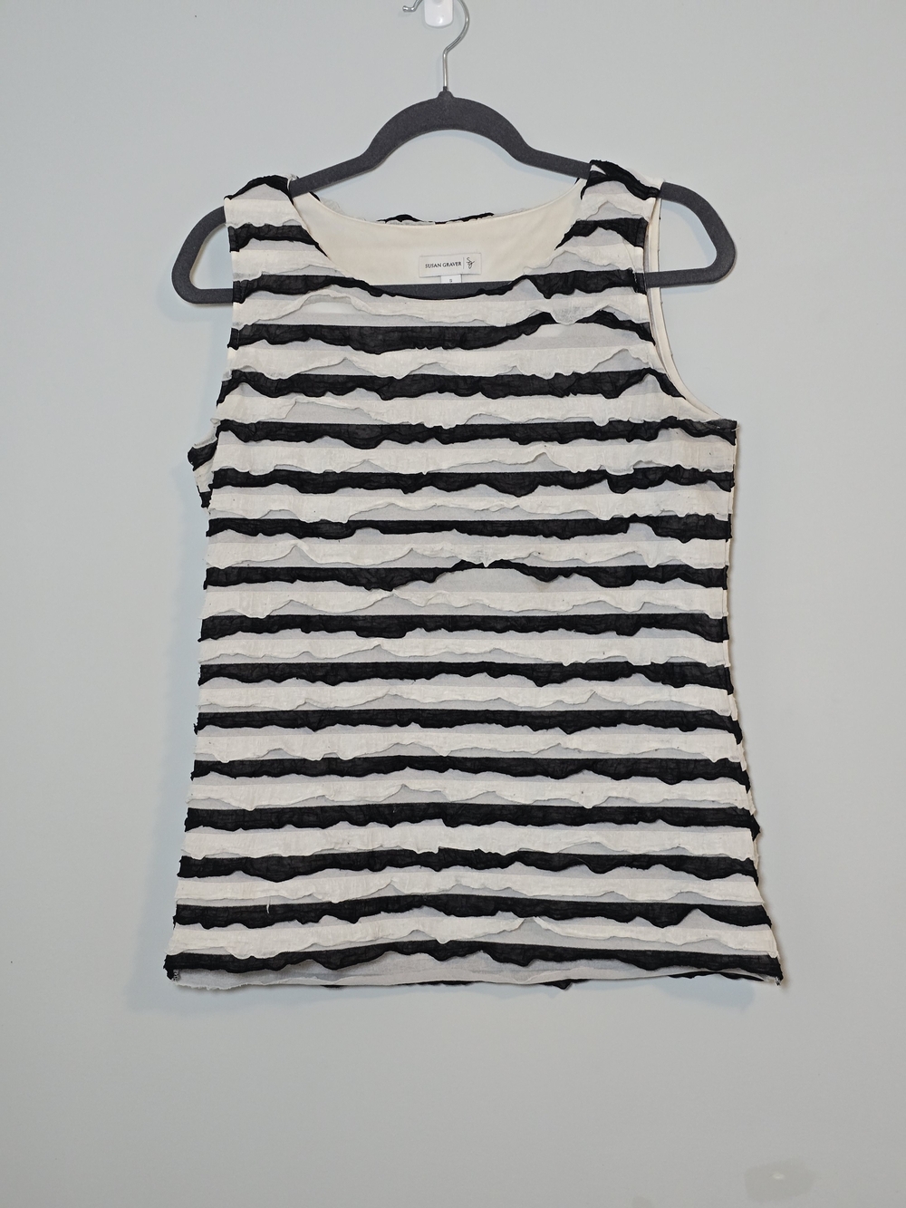 Susan Graver Black White Striped Textured Sleeveless Tank Top Ruffle Trim S
